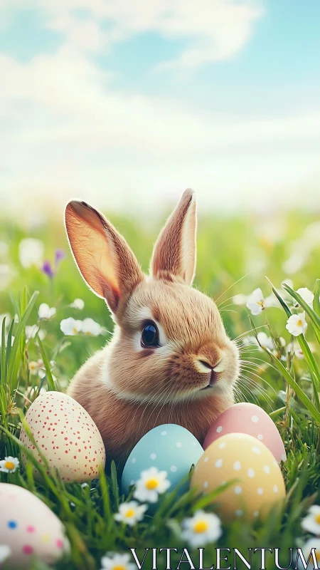Easter bunny nestled among pastel eggs in spring meadow.