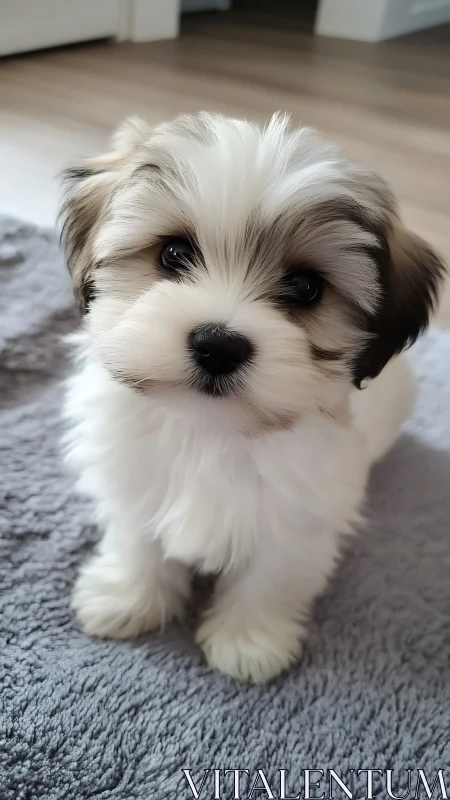 Small fluffy puppy sitting on soft gray rug indoors.