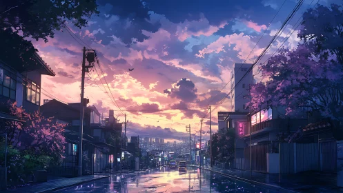 Twilight urban streetscape with reflective wet asphalt rendering.