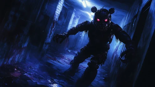 Terrifying animatronic monster stalking a dark hallway.