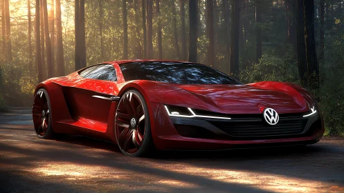 Sleek red concept car glowing softly in a quiet forest.