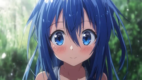 Blue haired anime girl portrait with soft outdoor light.