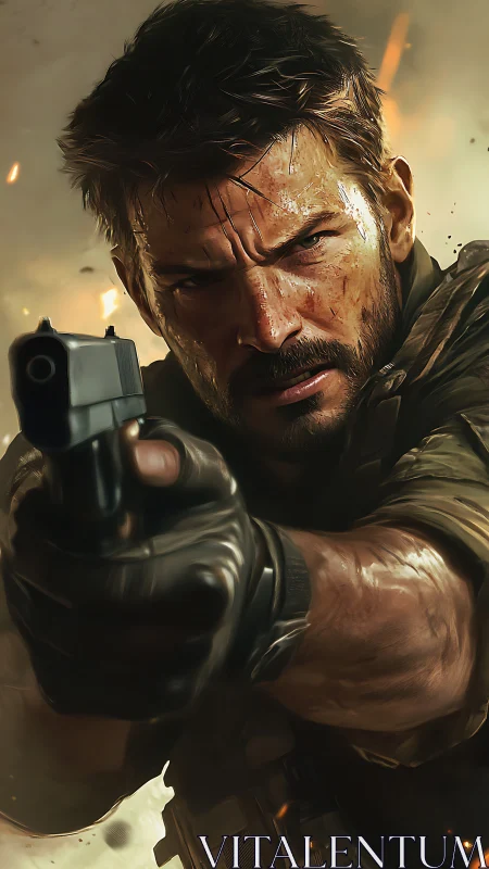 Intense tactical operative aims handgun amid cinematic blasts