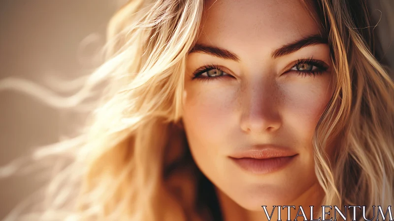 Sunlit portrait of a serene woman with thoughtful gaze.