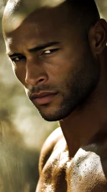 Intense close-up portrait captures strong male profile outdoors