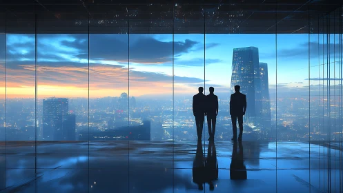 Business professionals silhouetted against urban skyline at twilight