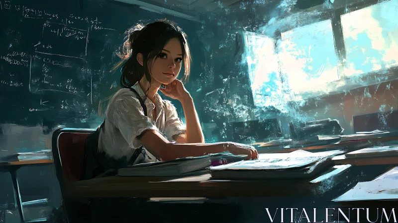 Quiet afternoon study glow with a thoughtful classroom girl.