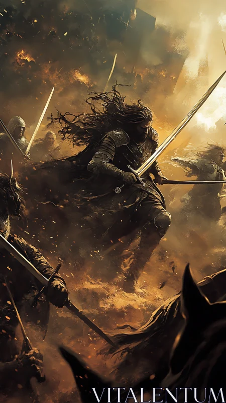 Warrior cleaves through flaming battlefield in chaos storm.