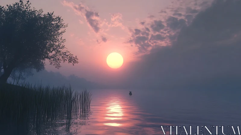 Solitary boat drifts beneath a rosy hush of lake sunset.