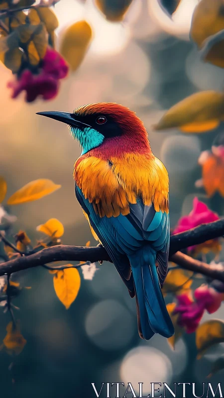 Jewel-toned songbird perched amid dreamy bokeh foliage.