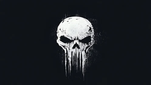 Grunge white skull emblem on deep black background.