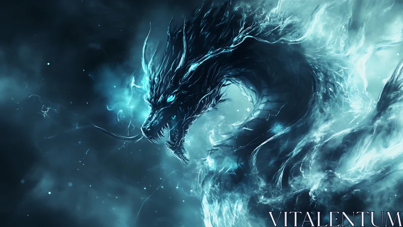 Spectral ice dragon coils through storm of blue flame.