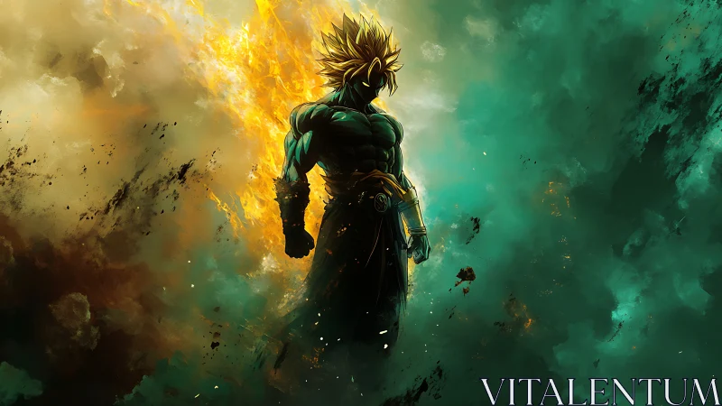 Powerful warrior silhouette in glowing storm aura.