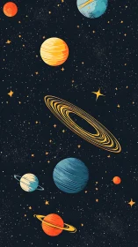 Playful planets drifting through a dreamy midnight galaxy.