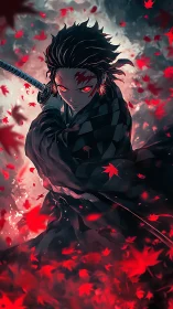 Sword-wielding anime warrior stands amid storm of red leaves
