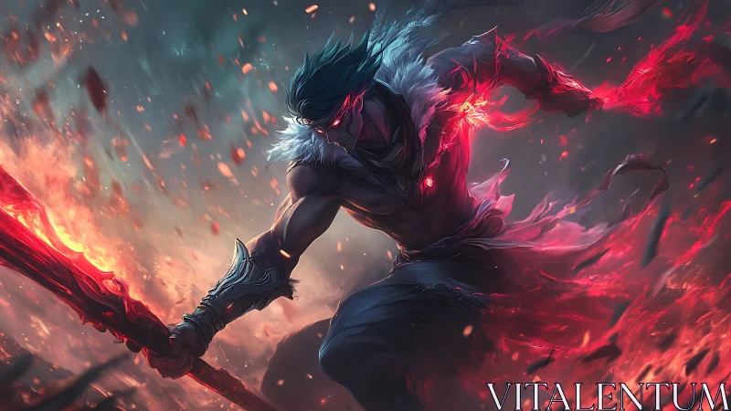 Warrior figure with flaming red weapon in dynamic motion.