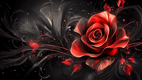 3D rendered red rose with dynamic black swirling ornamental elements