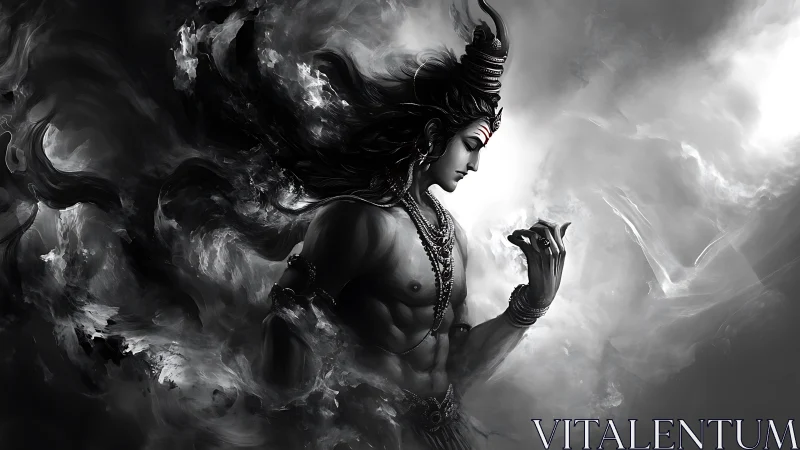 Monochrome astral deity amid turbulent volumetric nebulae.