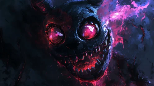 Glowing eyed creature with jagged teeth in dark environment.