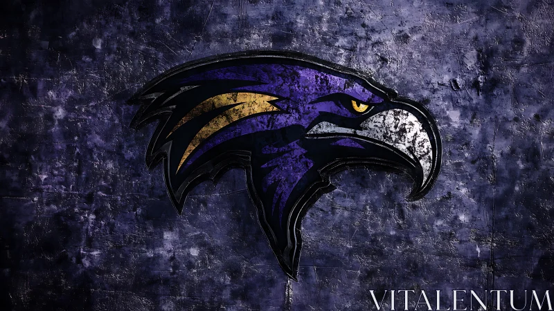 Bold purple raven emblem against textured stormy backdrop.