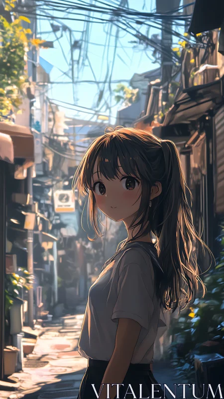 Anime alley portrait in backlit urban street composition.
