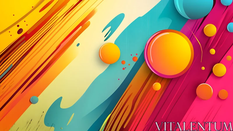 Bold abstract colorful spheres on diagonal painted stripes.