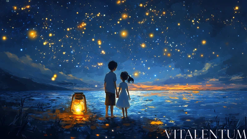 Two Children Watching Lanterns Rise Over Water at Dusk.