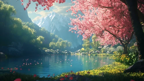 Blossom-laden shoreline whispers toward snowlit mountain calm