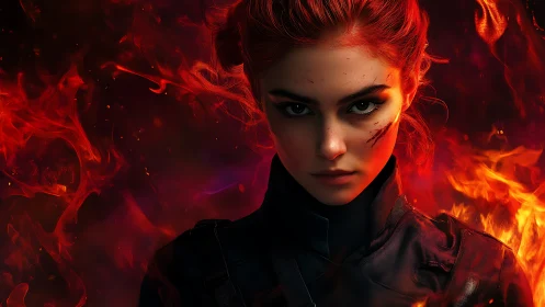 Fiery female warrior portrait rendered in cinematic digital art