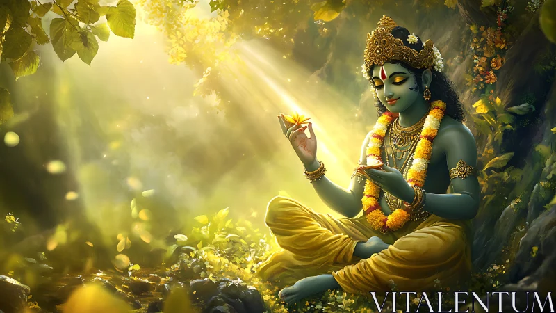 Golden forest calm with divine figure cradling soft light.