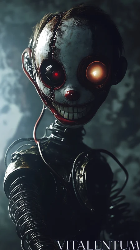 Cyberpunk animatronic clown portrait with wired dystopian chassis.