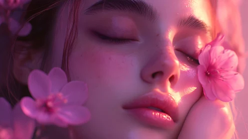 Dreamlike close-up portrait with pink cherry blossoms.
