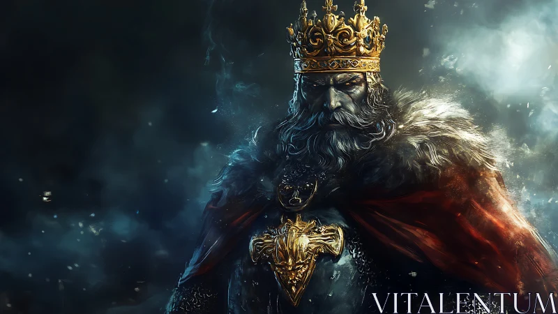 Armored elder king in turbulent chiaroscuro atmosphere.