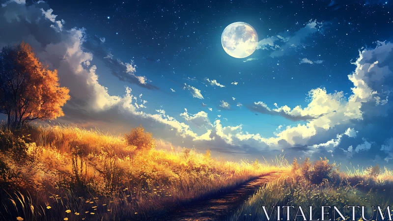 Moonlit meadow path glows under a vivid starry sky.