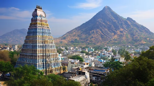 Tiered temple tower guards a sunlit South Indian mountain town.