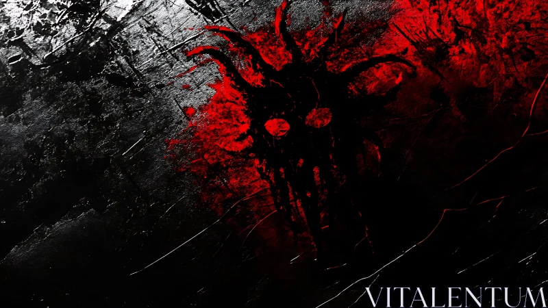 Crimson shadow spirit emerging from bold black depths.