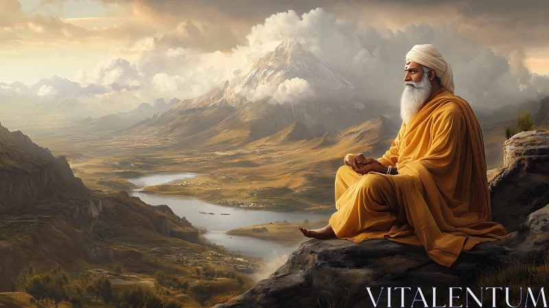 Meditating sage overlooks vast river valley beneath towering peak