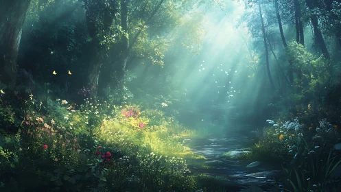 Radiant forest glade with volumetric light and floral density.