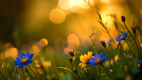 Shallow Depth-of-Field Wildflower Field with Warm Golden Hour Bokeh