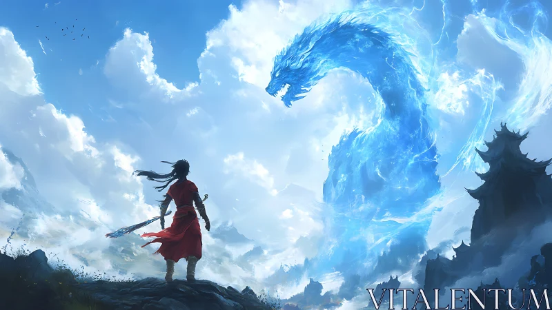 Skyward meeting between lone wanderer and swirling dragon spirit.