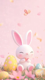 Pastel 3D Easter bunny vignette with eggs and blossoms.