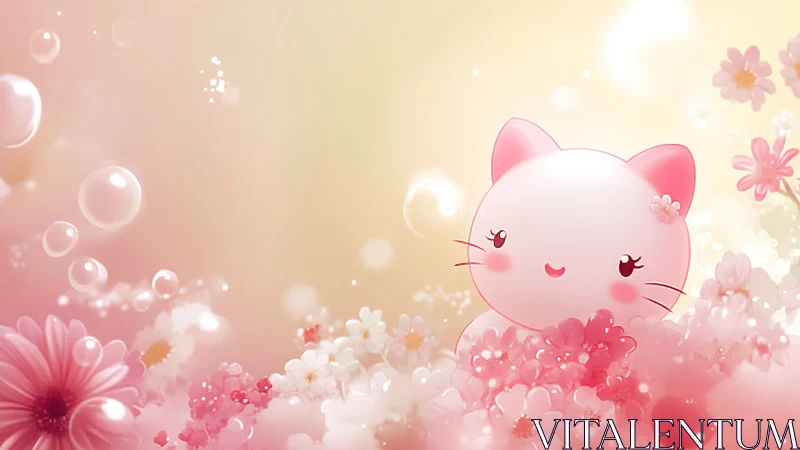 Rosy Feline Dreams Bloom Within Pastel Flower Clouds