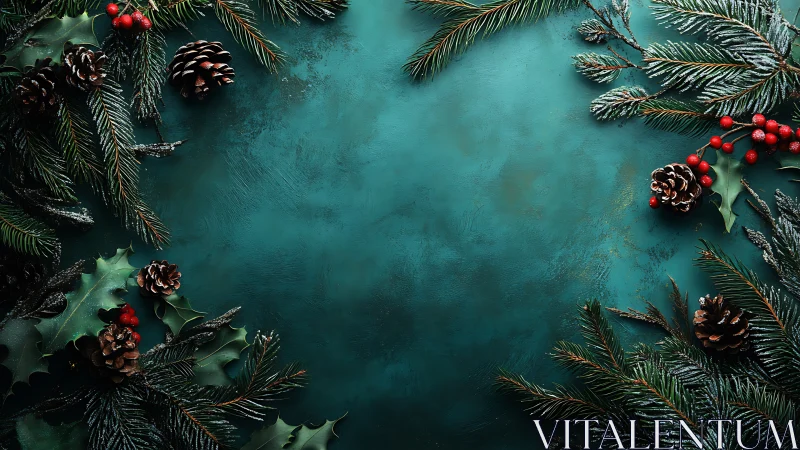 Photorealistic evergreen holiday border on teal backdrop.
