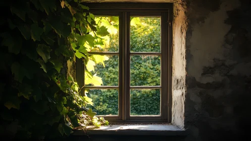 Old stone window frame shows dense exterior foliage view