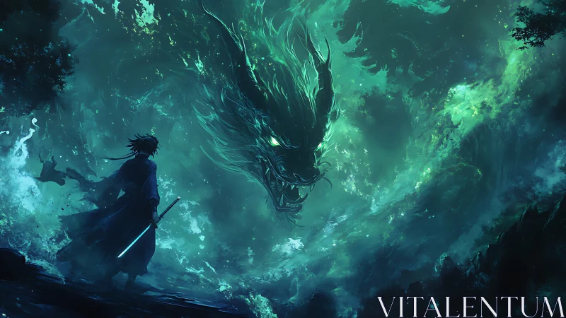 Stormlit swordsman confronting spectral emerald dragon.