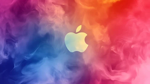 Colorful swirling backdrop gently surrounds a white logo