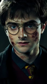 Brave young wizard gazes ahead with quiet, steady resolve.