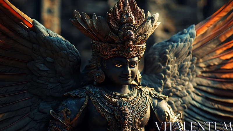Winged divine guardian statue glows under warm side light