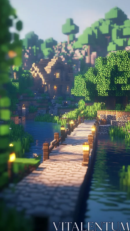 Sunlit riverside bridge welcomes you to a cozy pixel village