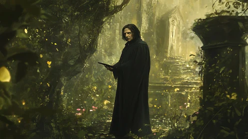 Dark-robed sorcerer in overgrown gothic ruin, dappled light